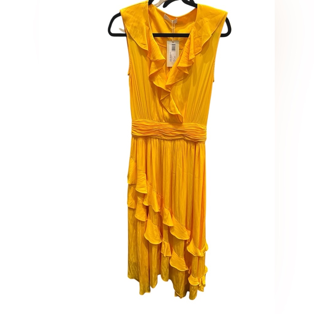 NWT Ramy Brook Hadlee Dress Yuzu Yellow Midi Size M Tiered Ruffle - Picture 4 of 9